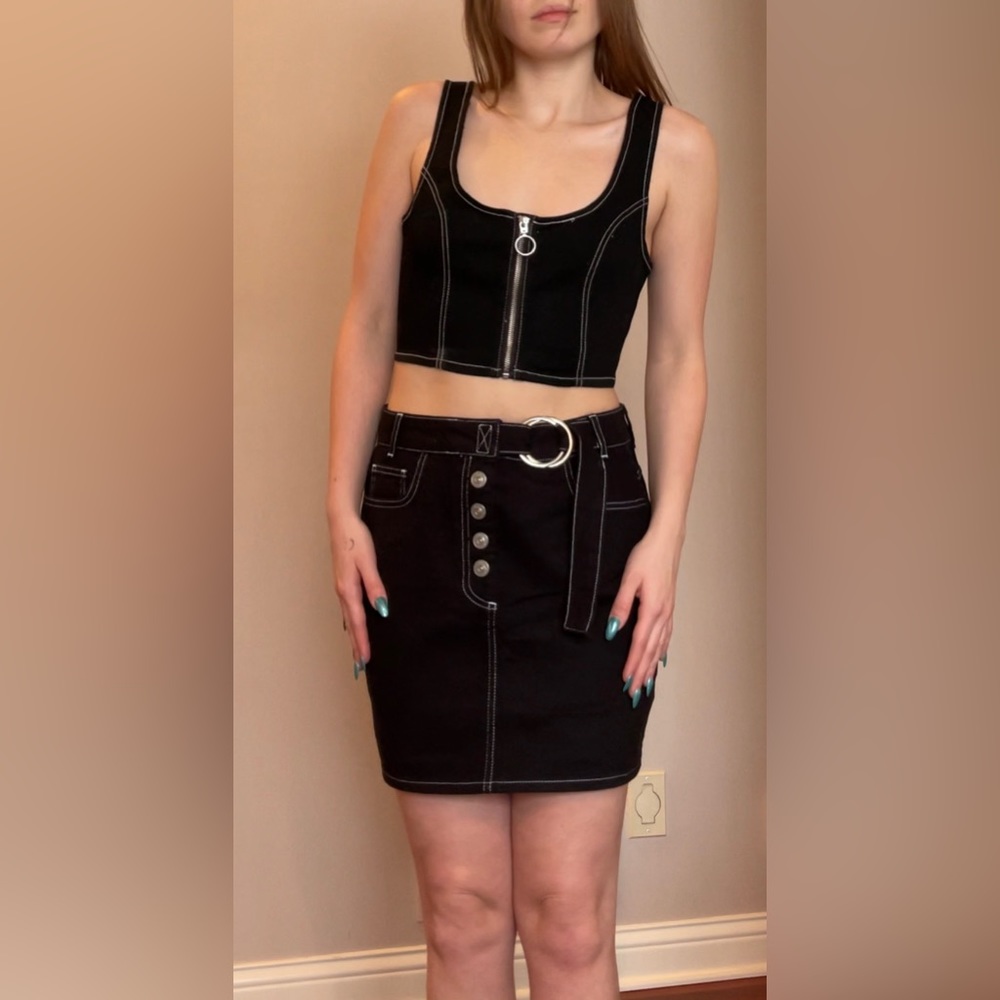 BDG Black stretch denim skirt/crop sleeveless top set
